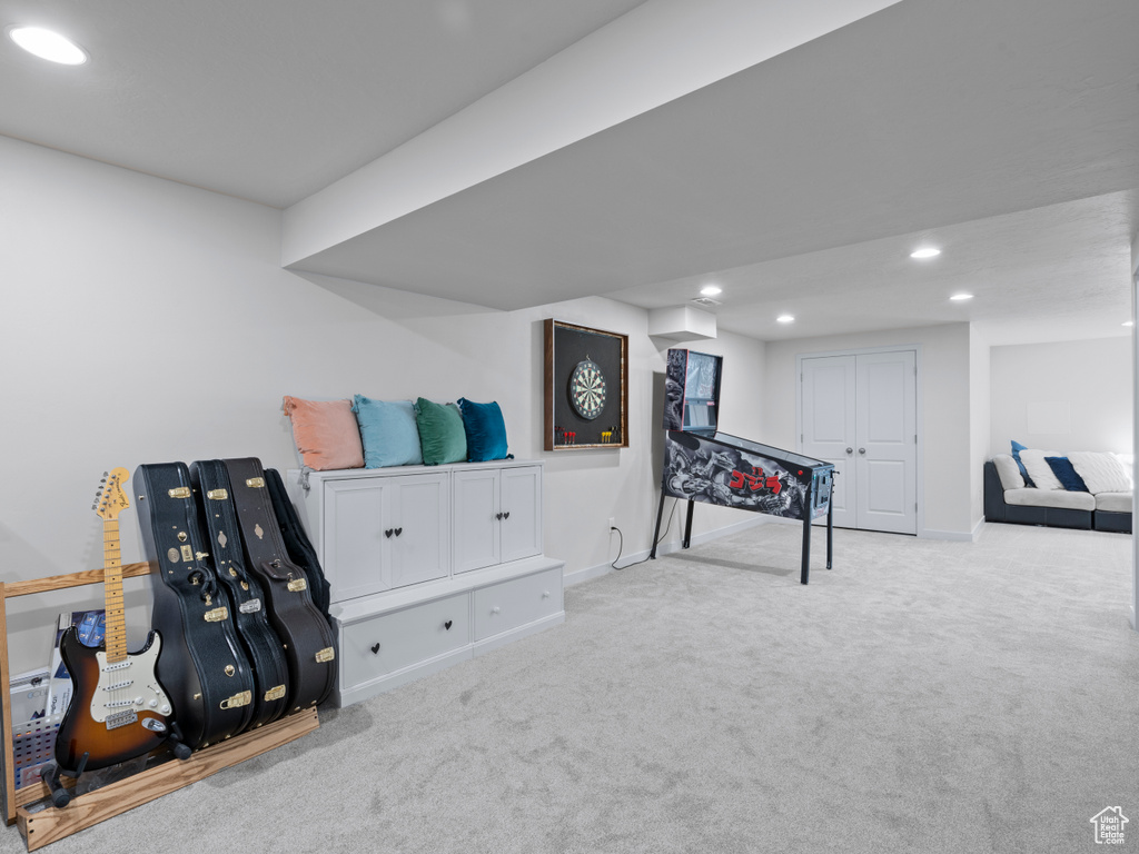 Rec room featuring carpet and recessed lighting