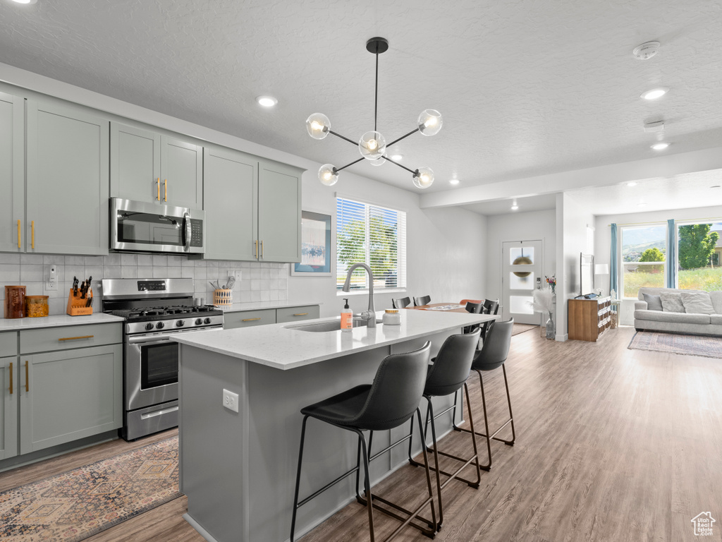 Kitchen featuring stainless steel appliances, open floor plan, gray cabinets, plenty of natural light, and a textured ceiling