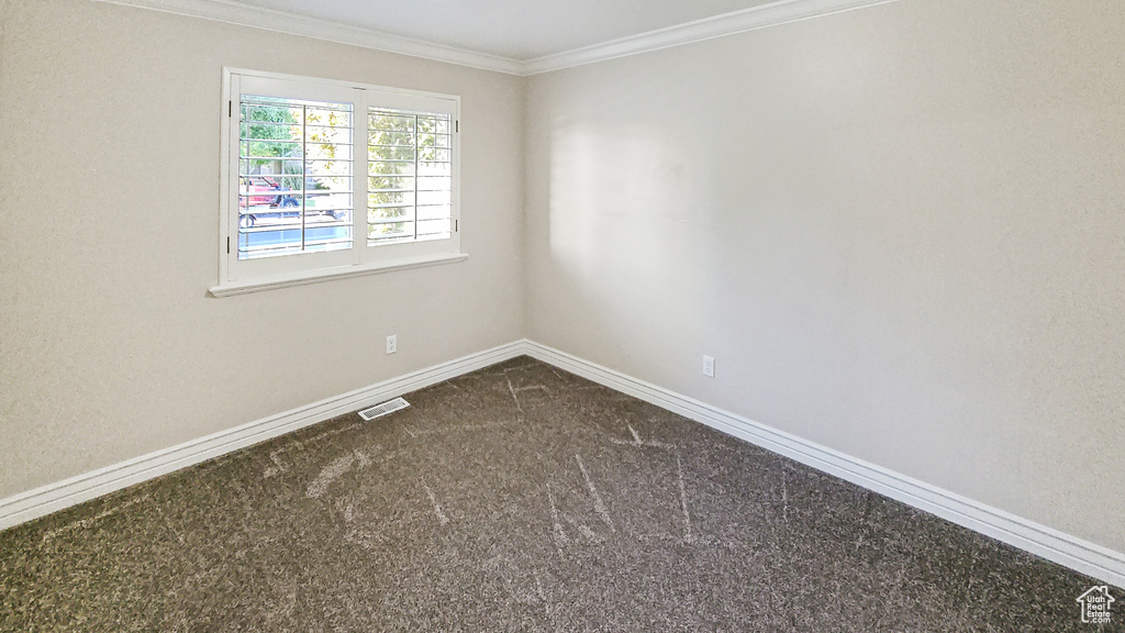 Spare room featuring ornamental molding and dark carpet