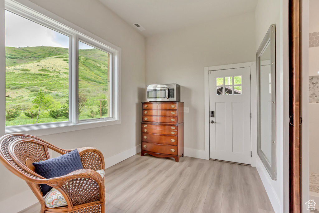 Entryway with light wood-style flooring and baseboards