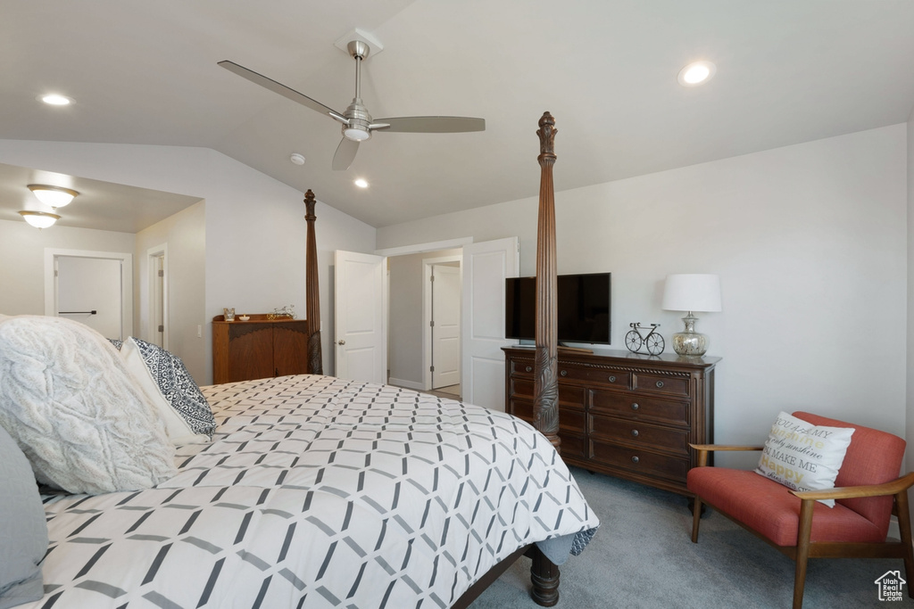Bedroom featuring lofted ceiling, carpet flooring, recessed lighting, and a ceiling fan