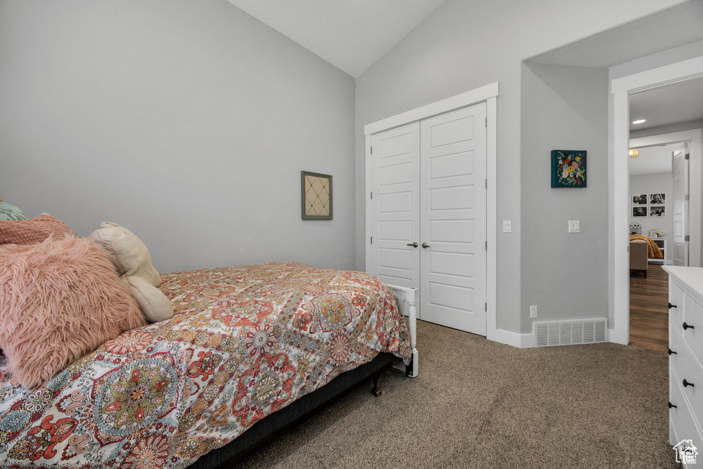 Carpeted bedroom featuring vaulted ceiling and a closet
