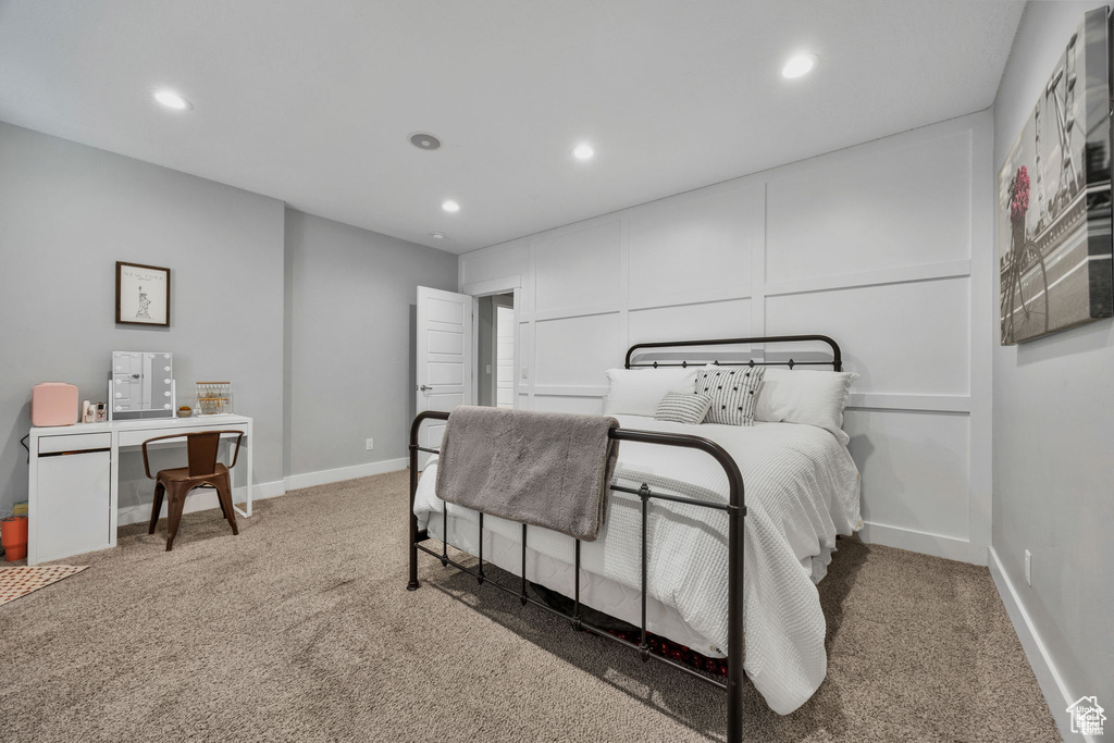 Bedroom with carpet flooring and recessed lighting