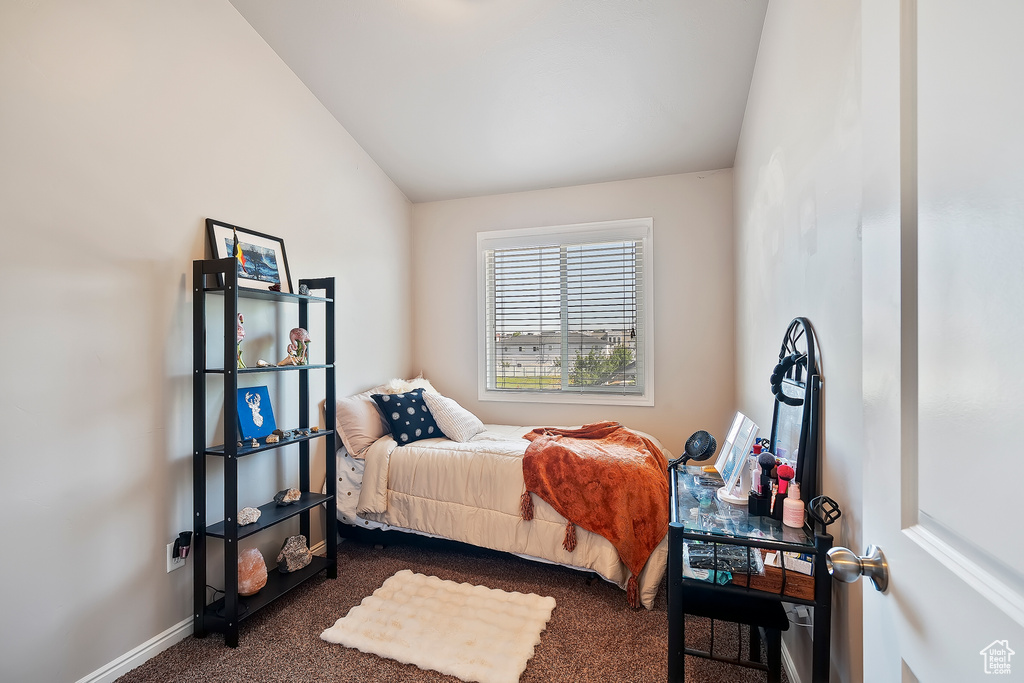 Bedroom with dark colored carpet and lofted ceiling