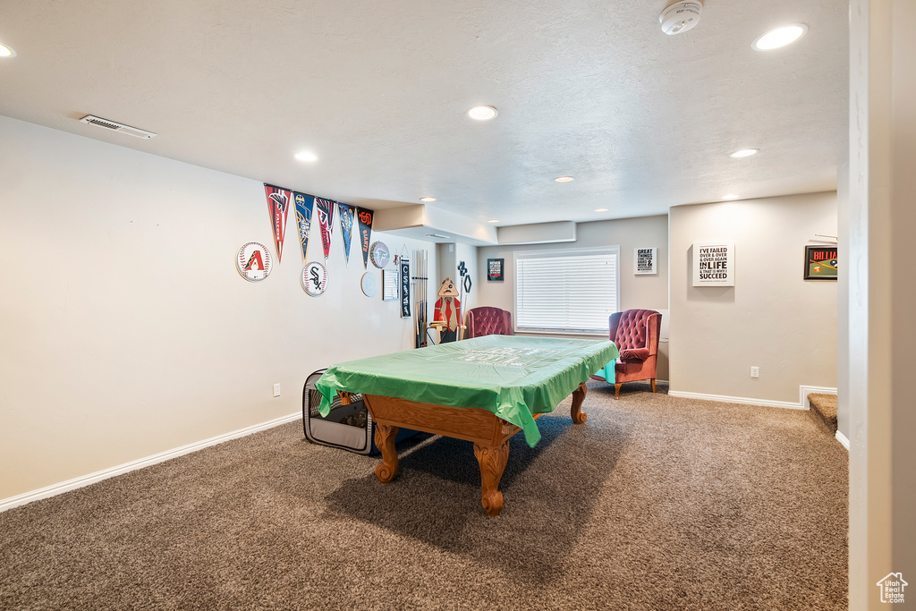 Rec room with carpet, recessed lighting, and billiards