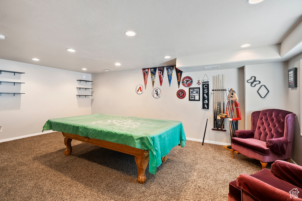 Game room featuring carpet flooring, billiards table, and recessed lighting