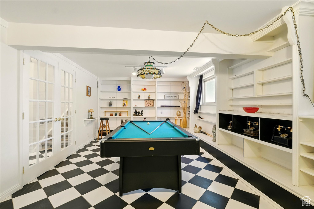 Rec room featuring tile patterned floors, billiards, and built in features
