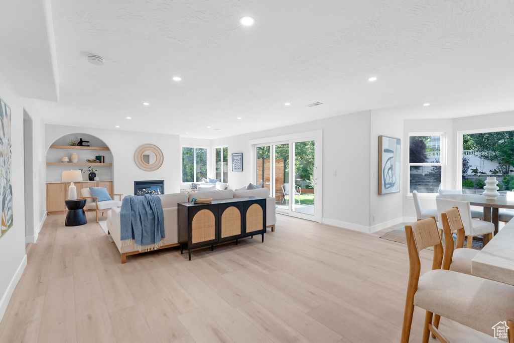 Living area featuring light wood finished floors, baseboards, recessed lighting, built in shelves, and a glass covered fireplace