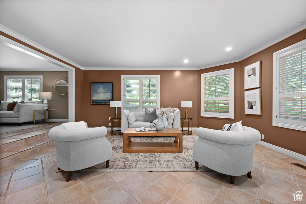 Living area with crown molding, baseboards, and recessed lighting