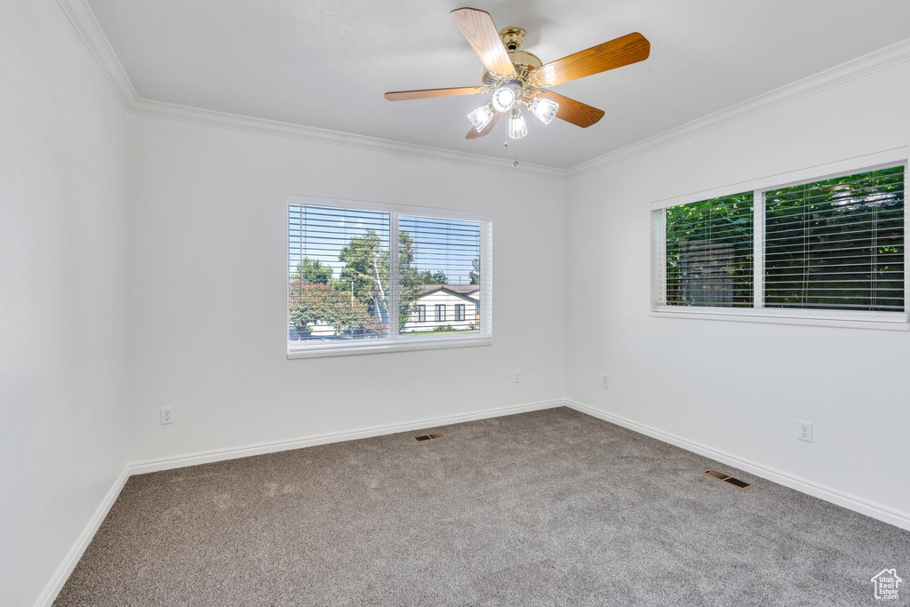 Carpeted spare room featuring crown molding and ceiling fan