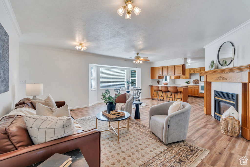 Living area featuring a ceiling fan, light wood-style flooring, crown molding, and a fireplace