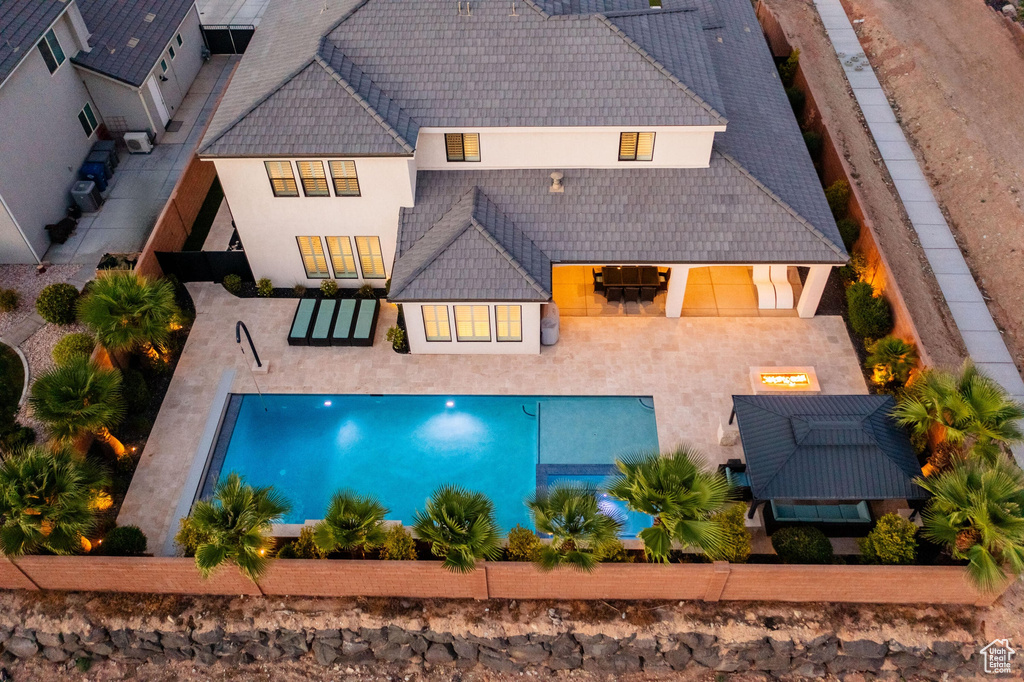 View from above of property featuring a pool