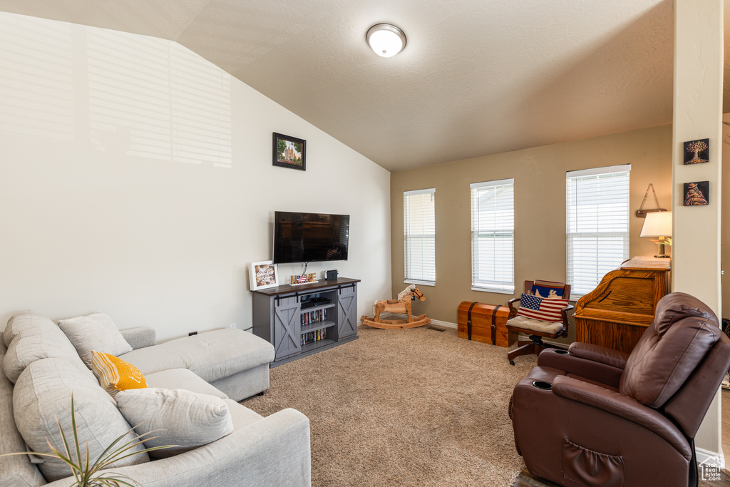 Living area featuring vaulted ceiling, healthy amount of natural light, and carpet floors