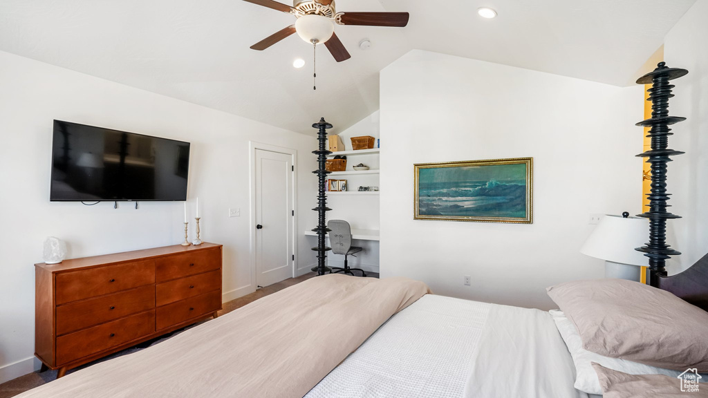 Bedroom featuring vaulted ceiling, recessed lighting, and a ceiling fan