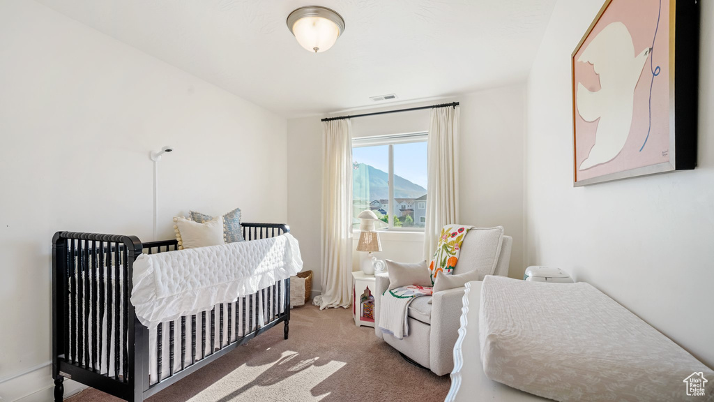 Bedroom featuring carpet flooring and a nursery area