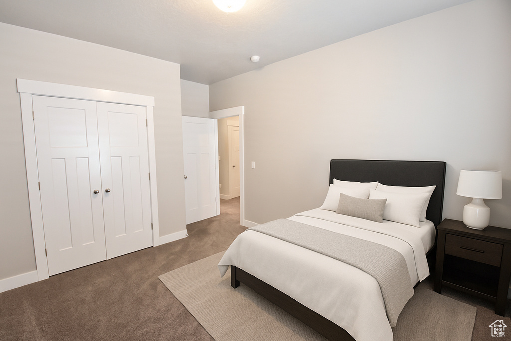 Bedroom featuring carpet floors, a closet, and baseboards