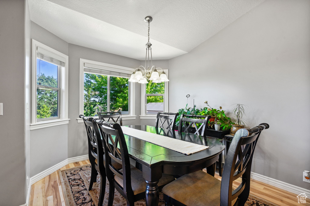 Dining room featuring a chandelier, light wood-style floors, and a textured ceiling