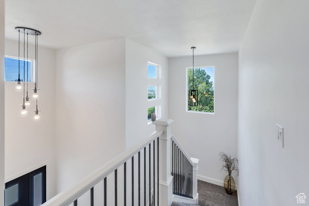 Hallway with an upstairs landing and dark carpet