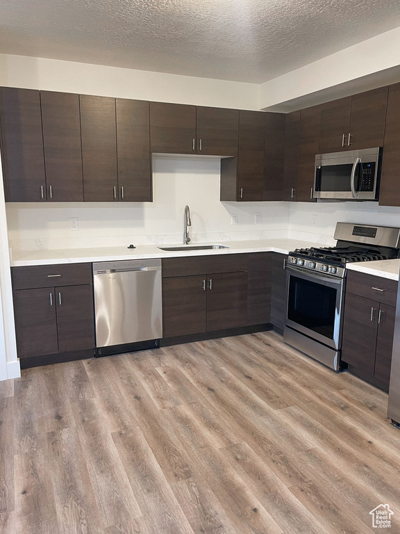 Kitchen featuring stainless steel appliances, light wood-type flooring, dark brown cabinets, light countertops, and a textured ceiling