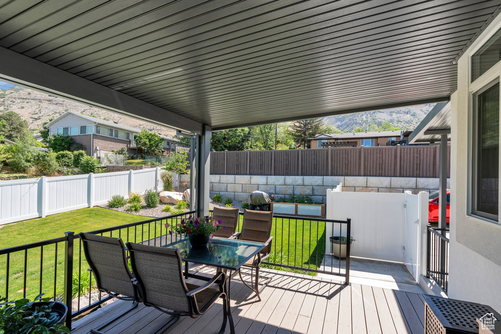 Wooden deck featuring outdoor dining space and a fenced backyard