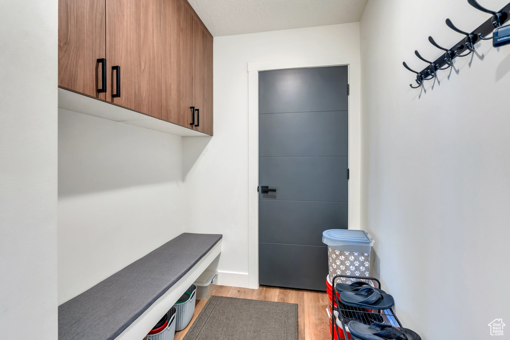 Mudroom with light wood-style flooring
