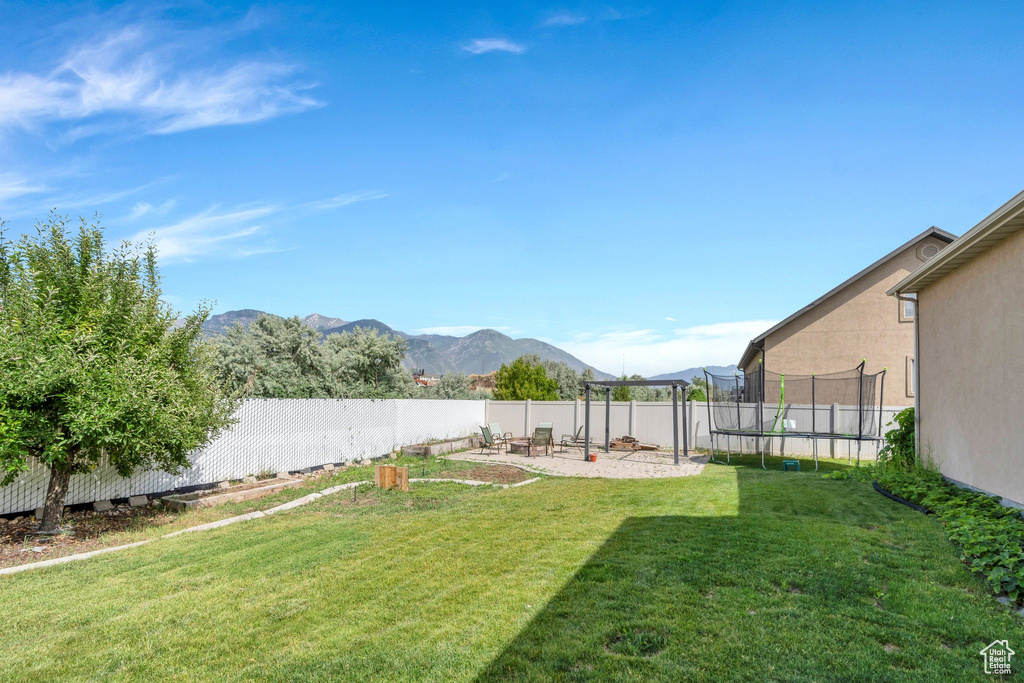 Fenced backyard with a trampoline and a mountain view
