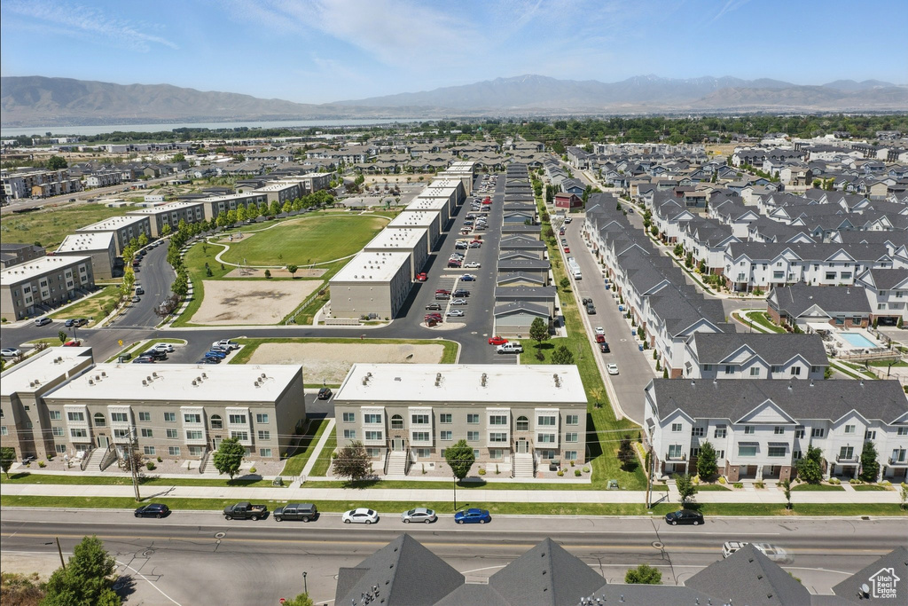 Aerial view of residential area featuring mountains