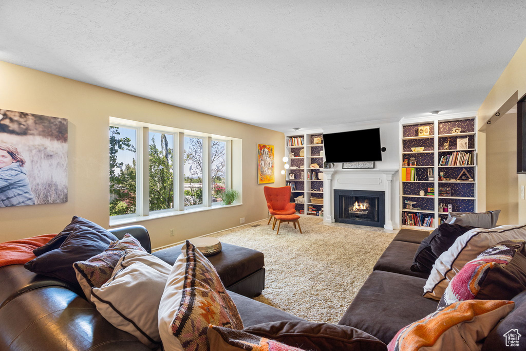 Carpeted living area with a textured ceiling, a fireplace with flush hearth, and built in shelves