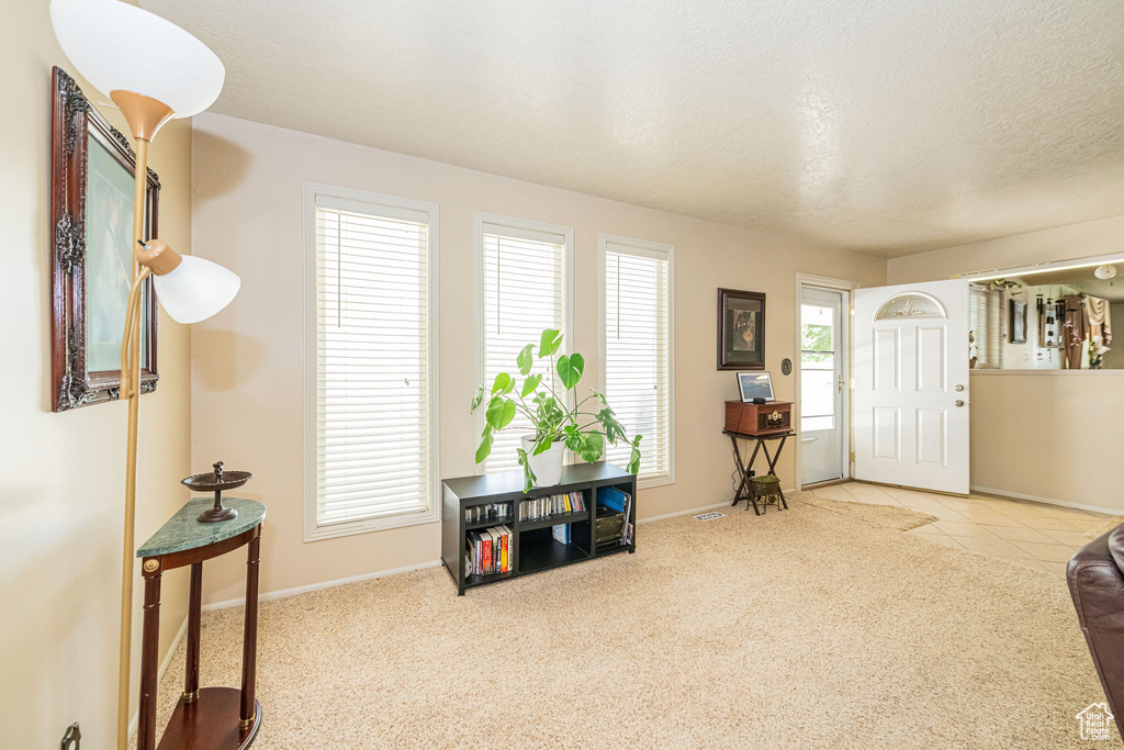 Carpeted foyer entrance featuring baseboards and a textured ceiling