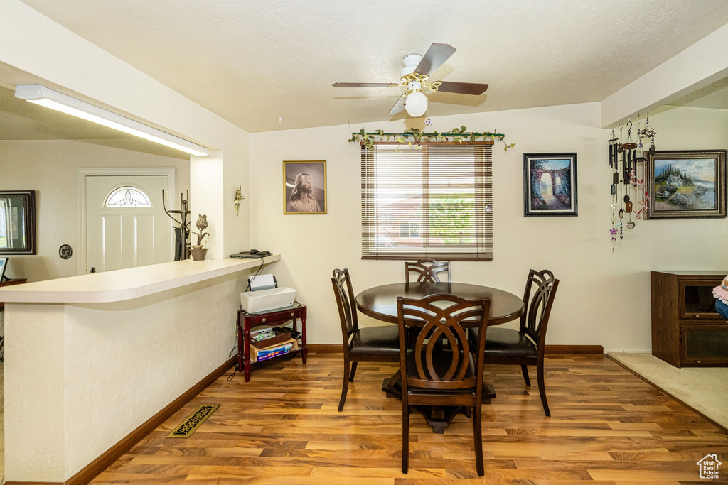 Dining room with wood finished floors, healthy amount of natural light, and ceiling fan