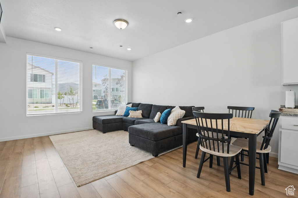 Living room with light wood-type flooring and recessed lighting