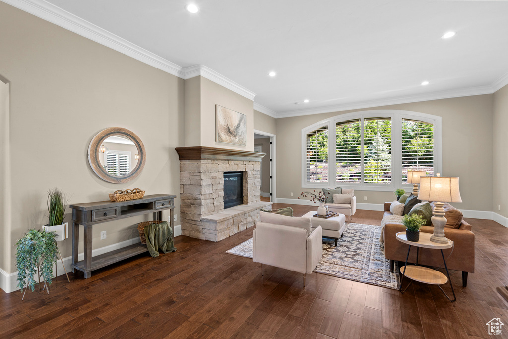 Living room featuring wood finished floors, a stone fireplace, recessed lighting, and crown molding