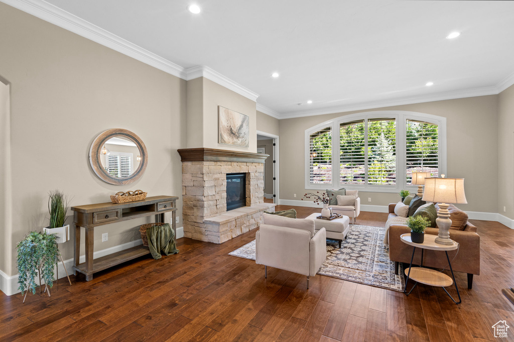 Living room with hardwood / wood-style floors, a fireplace, crown molding, and recessed lighting