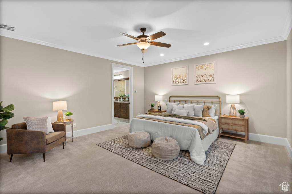 Bedroom with light colored carpet, crown molding, recessed lighting, connected bathroom, and a ceiling fan