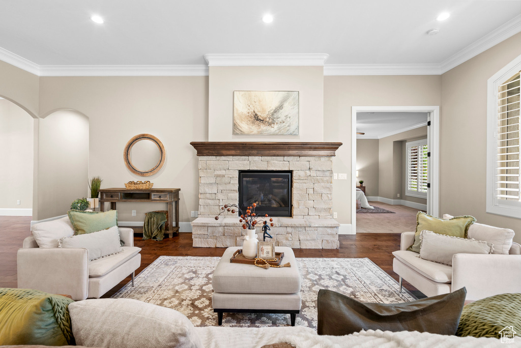 Living room featuring crown molding, recessed lighting, a stone fireplace, and wood finished floors
