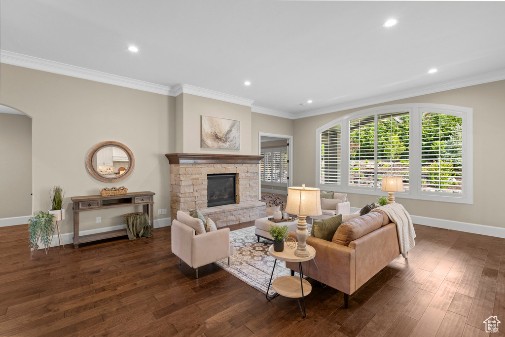 Living room with arched walkways, dark wood finished floors, a stone fireplace, recessed lighting, and crown molding