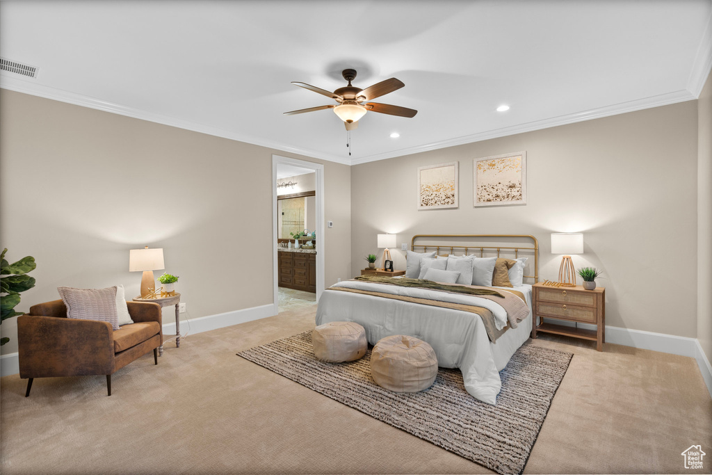 Bedroom with light carpet, ornamental molding, recessed lighting, connected bathroom, and ceiling fan