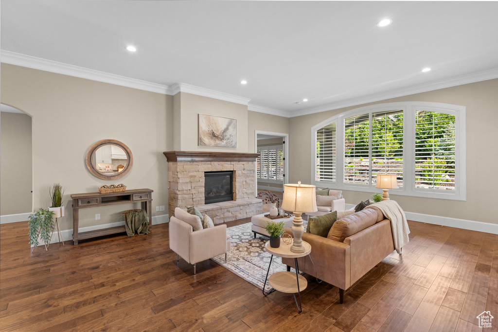 Living room with dark wood-style flooring, a stone fireplace, crown molding, recessed lighting, and arched walkways