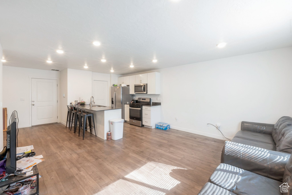 Living room with light wood-type flooring and recessed lighting