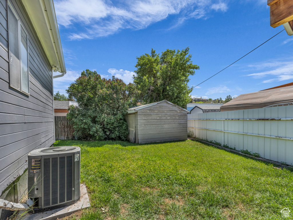 Fenced backyard with a shed