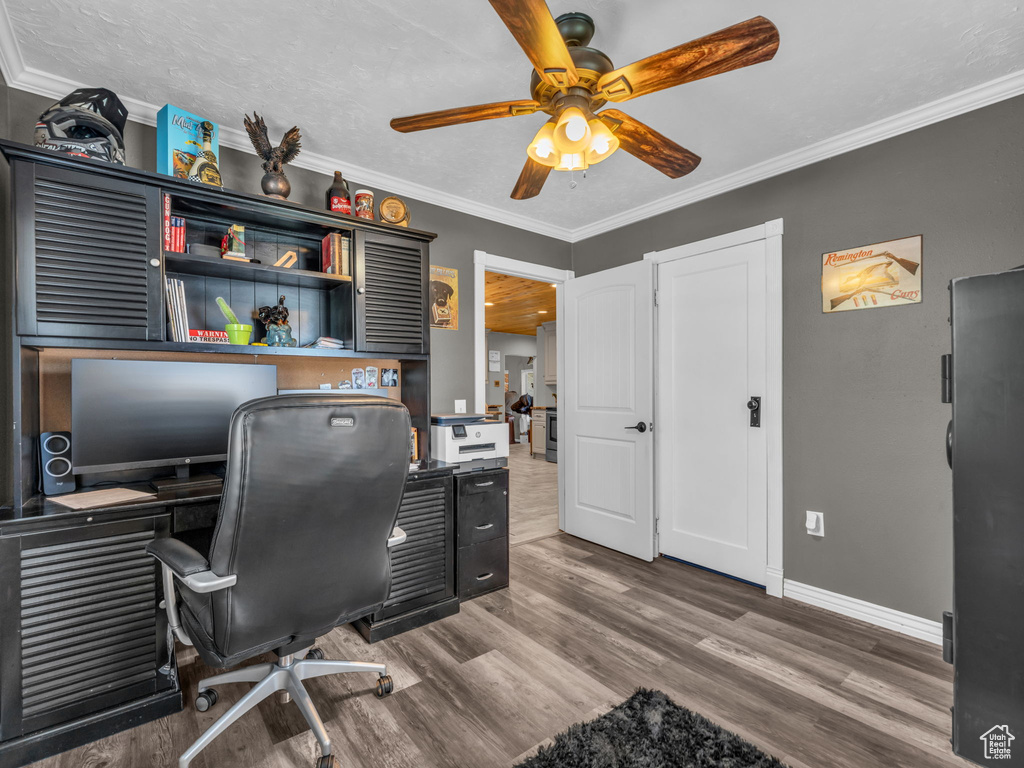 Office space with wood finished floors, a ceiling fan, and ornamental molding