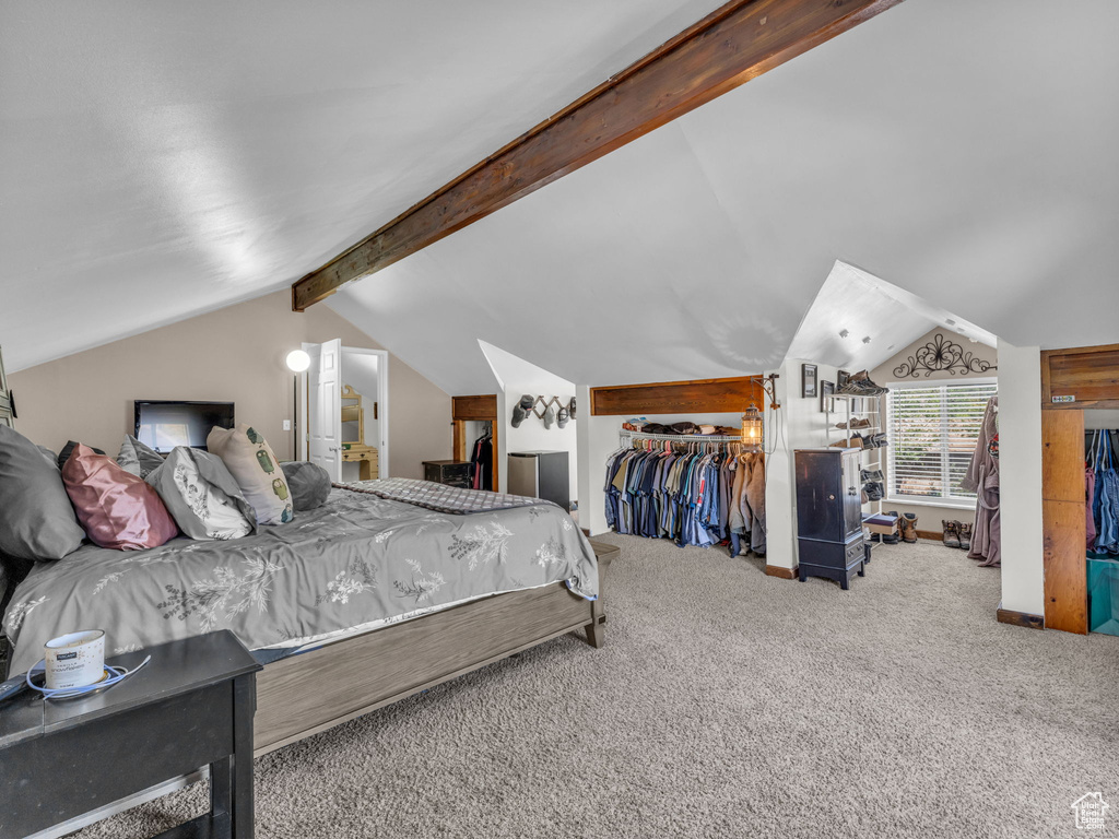 Carpeted bedroom featuring a closet