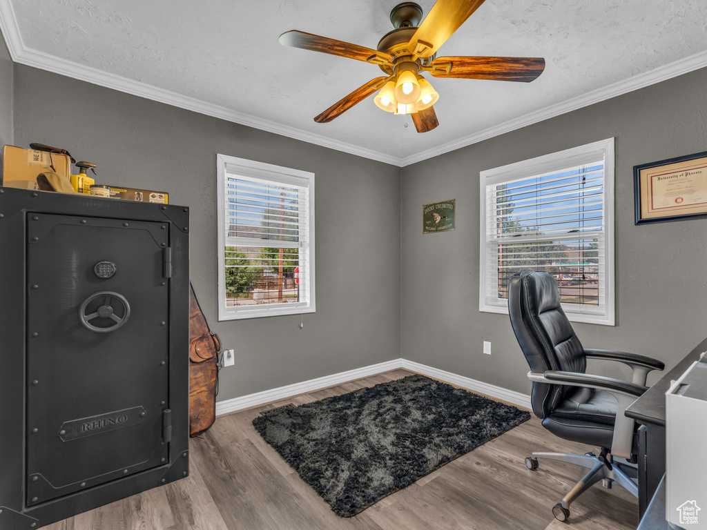 Office space with plenty of natural light, wood finished floors, ceiling fan, and crown molding