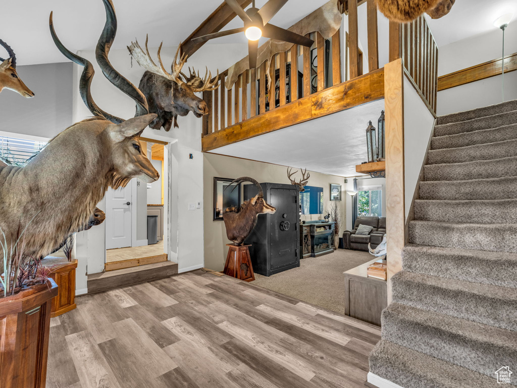 Stairway with wood finished floors and a high ceiling