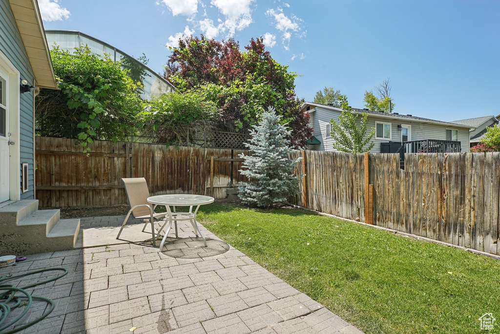 Fenced backyard with a patio