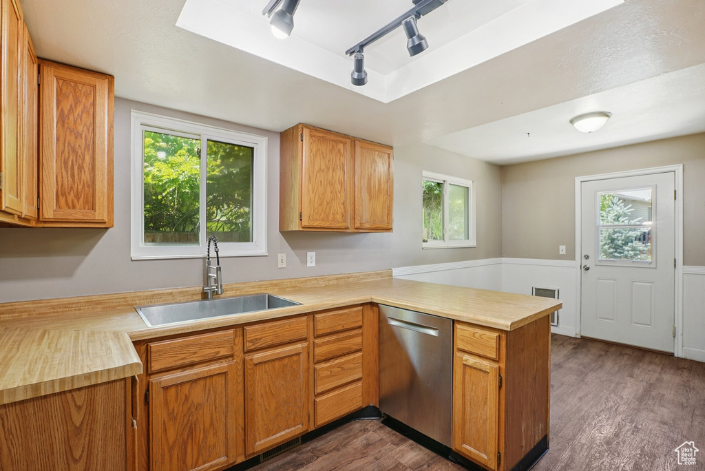 Kitchen with stainless steel dishwasher, a peninsula, track lighting, dark wood-style flooring, and light countertops