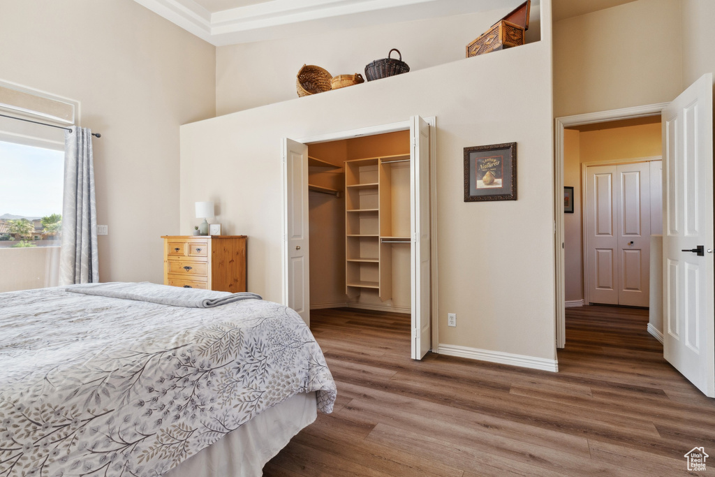 Bedroom featuring a high ceiling, wood finished floors, a walk in closet, and a closet