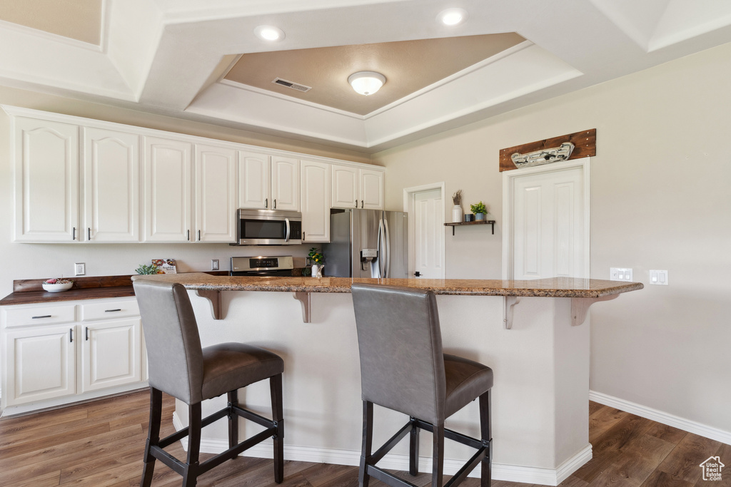 Kitchen featuring appliances with stainless steel finishes, a kitchen bar, white cabinets, dark stone counters, and dark wood-style floors