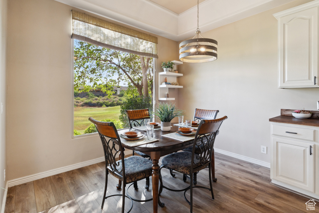 Dining space with wood finished floors, a chandelier, and healthy amount of natural light