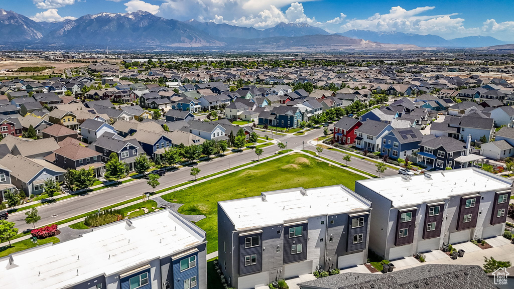 Aerial perspective of suburban area with mountains